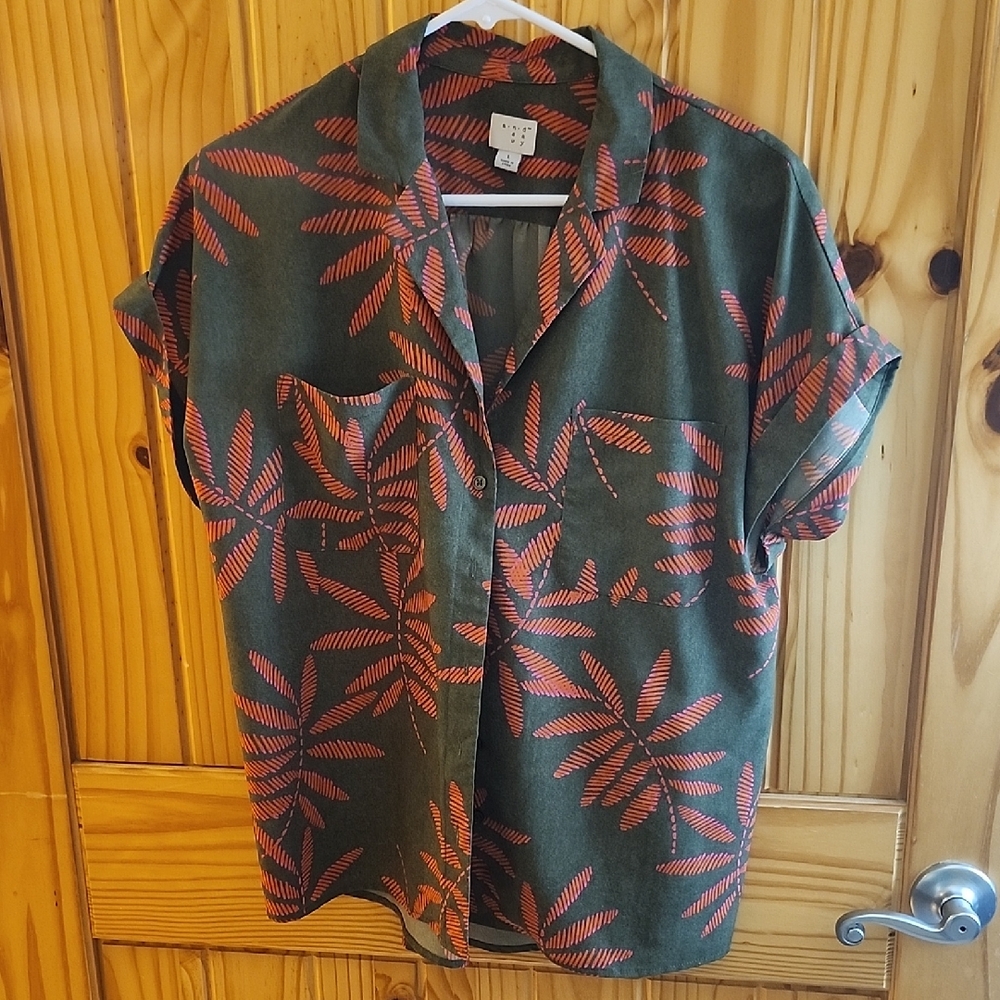 a new day Green and Red Leaf Print Button Down Shirt